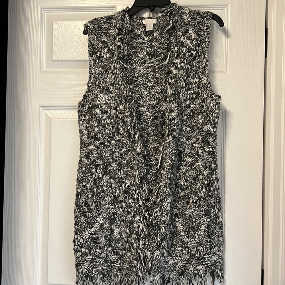 Chicos Black White Marled Fringe Vest Open Long Knit Sweater Cardigan Duster S